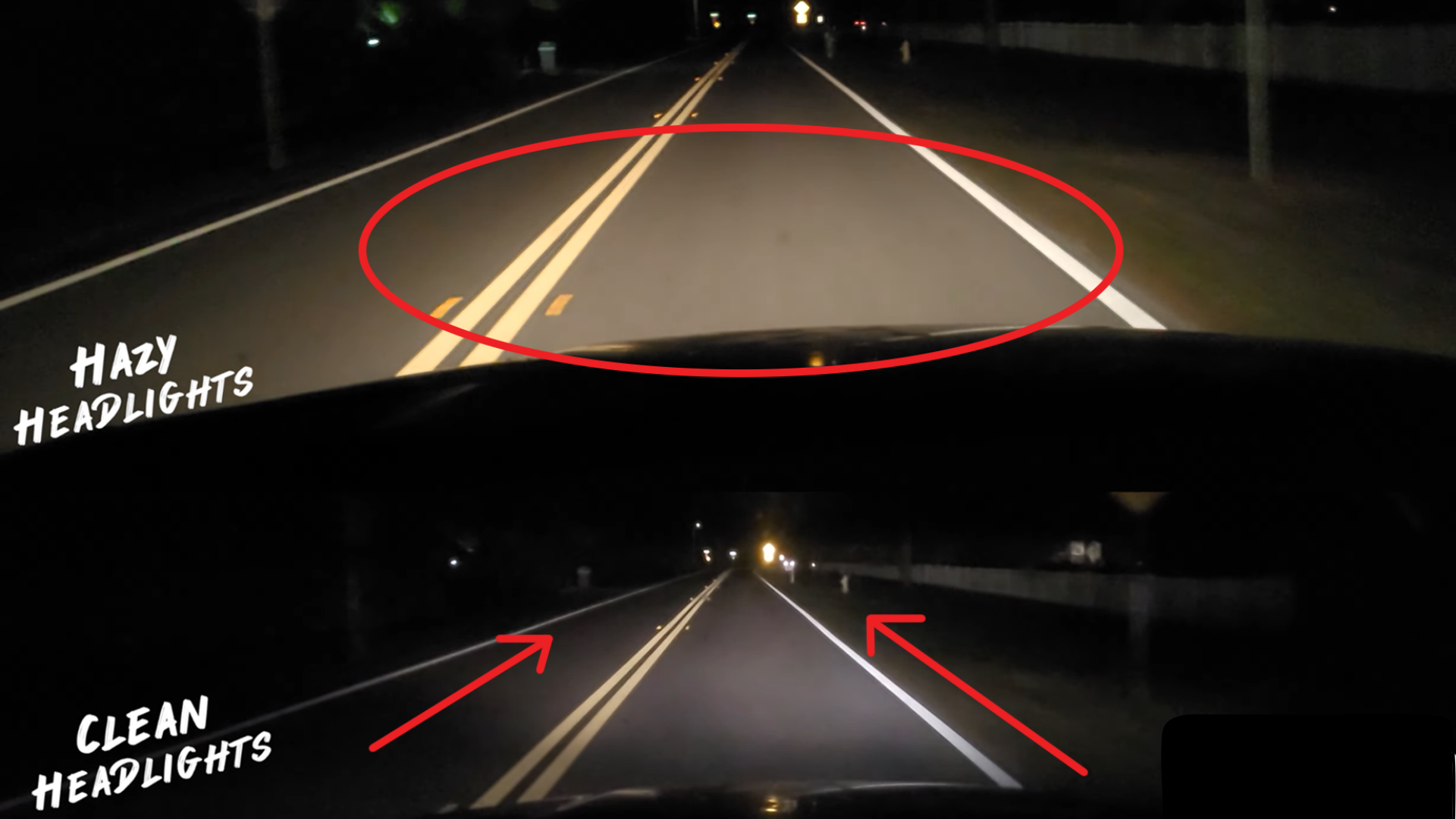 Night driving comparison. Foggy headlights light up much less of the road than clean, restored headlights.