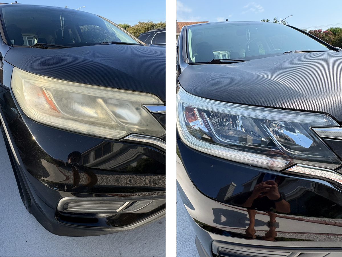 Honda CR-V headlight before and after restoration. Yellowed and hazy on the left, clear on the right.