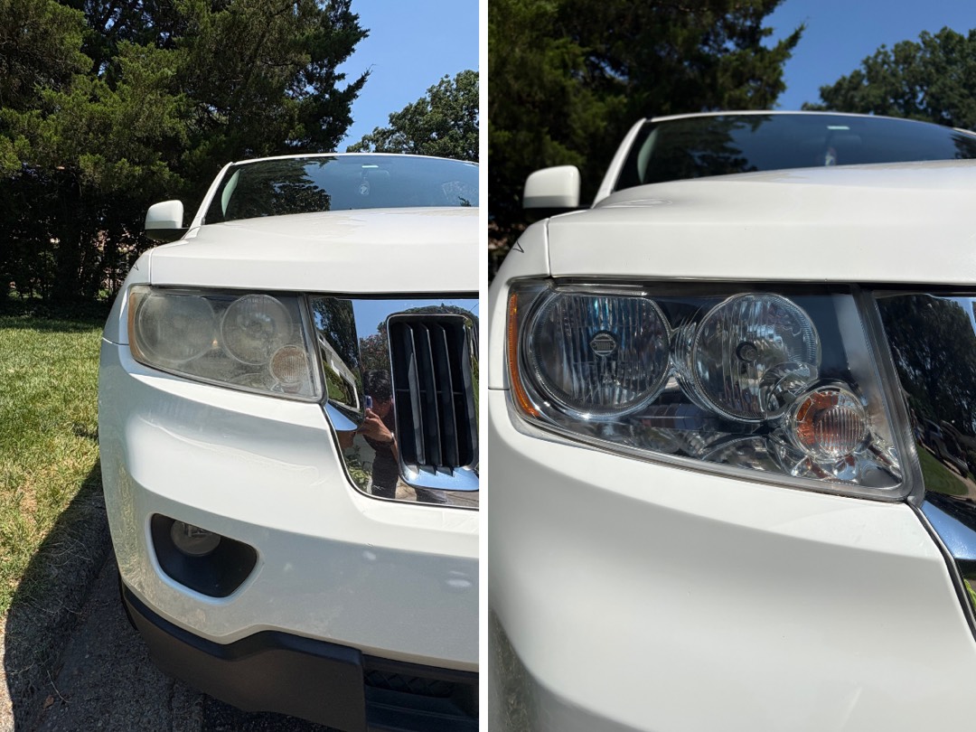 Jeep Grand Cherokee headlight before and after restoration. Hazy on the left, clear on the right.