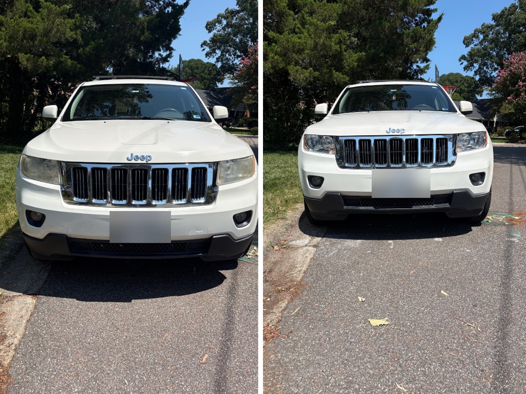 Jeep Grand Cherokee front end before and after headlight restoration. Yellowed lenses on the left, clear on the right.