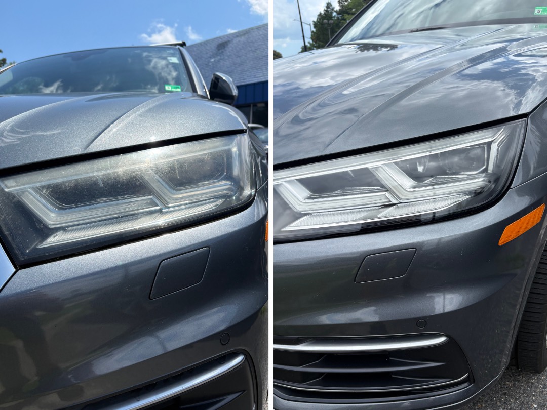 Audi headlight before and after restoration. Dull and hazy on the left, clear on the right.