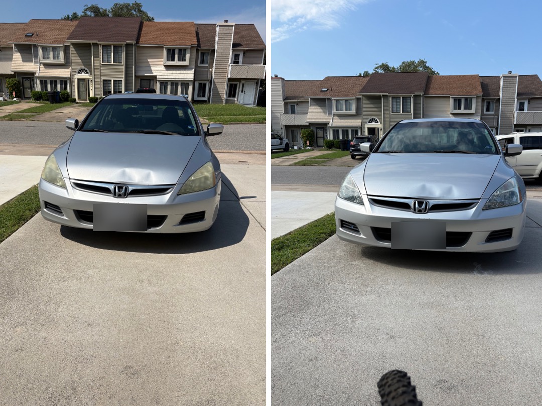 Honda Accord front end before and after headlight restoration. Yellowed lenses on the left, clear on the right.