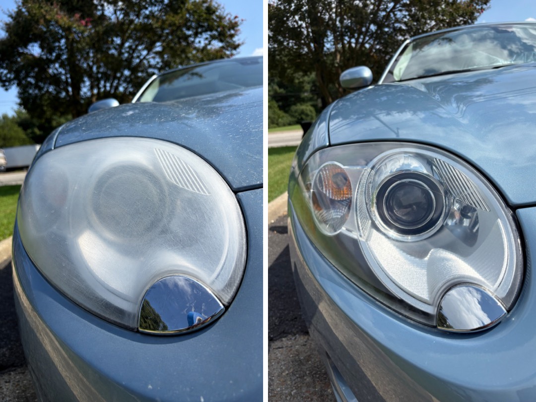 Jaguar XK headlight before and after restoration. Clouded on the left, clear on the right.