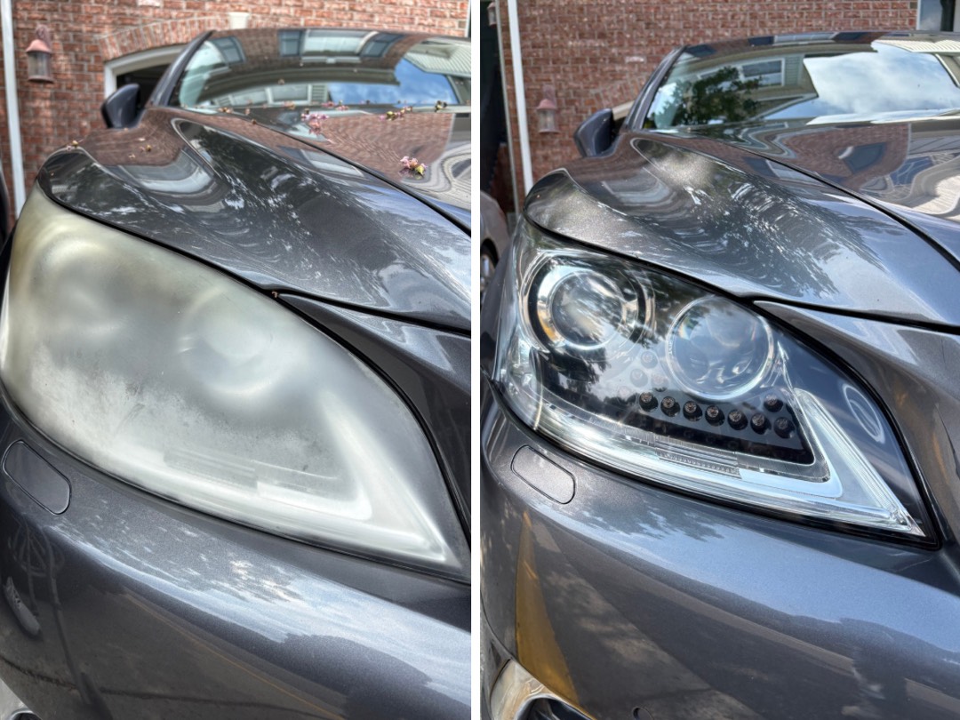 Lexus LS 460 headlight before and after restoration. Milky and oxidized on the left, clear on the right.