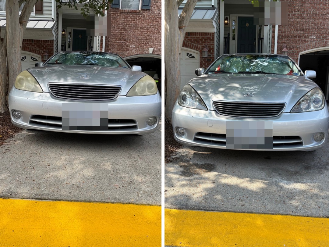 Lexus ES front end before and after headlight restoration. Yellowed lenses on the left, clear on the right.