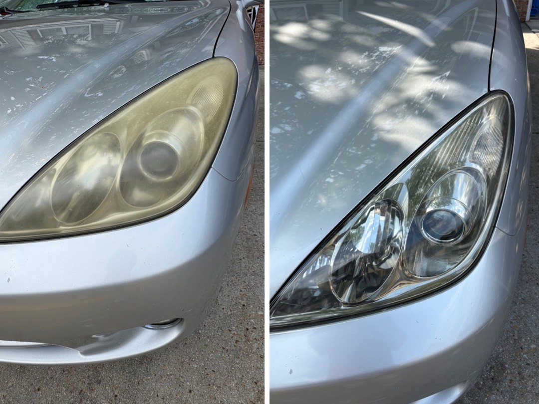 Lexus ES headlight before and after restoration. Yellowed on the left, clear on the right.