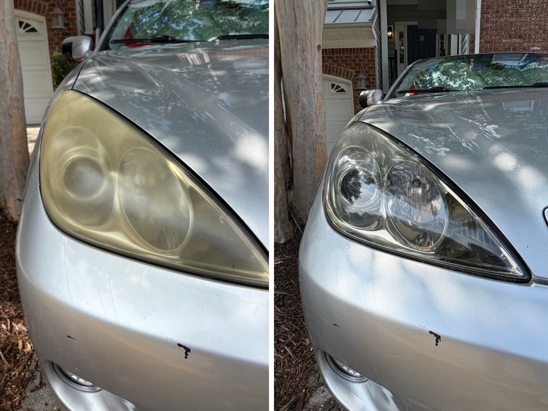 Lexus ES headlight before and after restoration. Yellowed on the left, clear on the right.