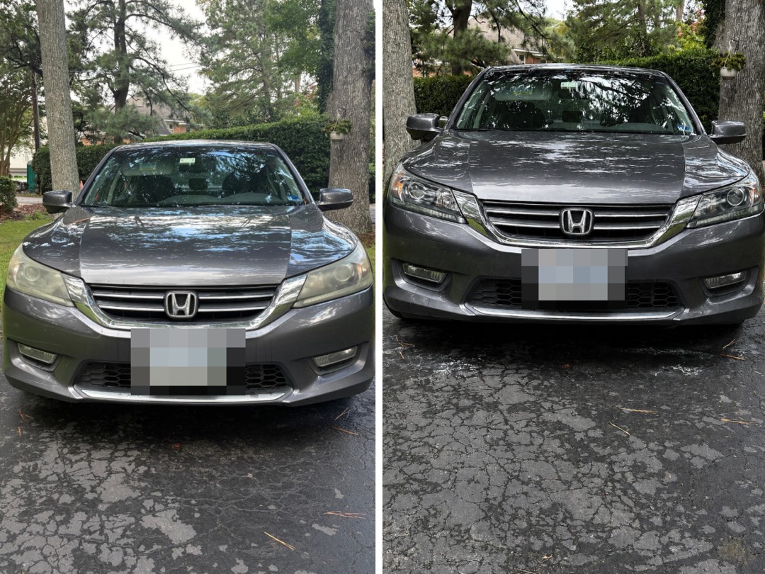 Honda Accord front end before and after headlight restoration. Hazy lenses on the left, clear on the right.