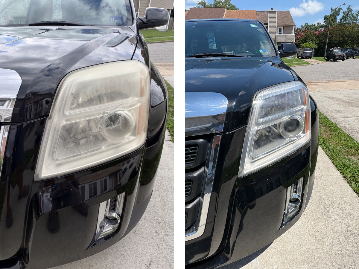 GMC Terrain headlight before and after restoration. Cloudy on the left, clear on the right.
