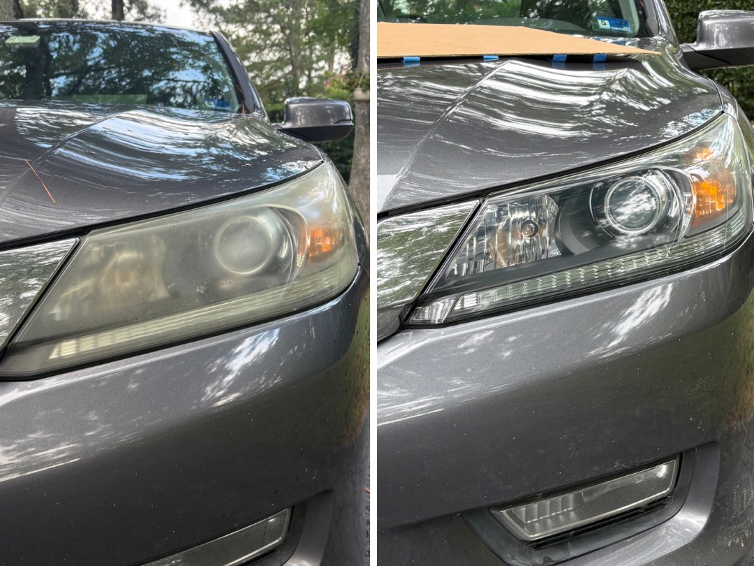 Honda Accord headlight before and after restoration. Cloudy on the left, clear on the right.