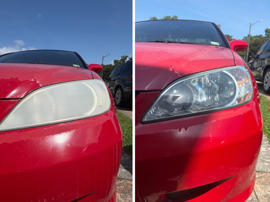 Honda Civic headlight before and after restoration. Heavily yellowed on the left, clear on the right.