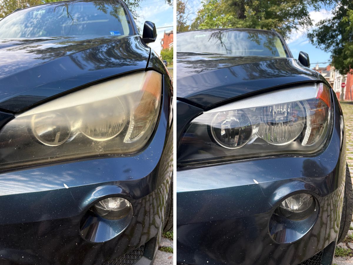 BMW X1 headlight before and after restoration in Virginia Beach. Cloudy and yellowed on the left, clear on the right.
