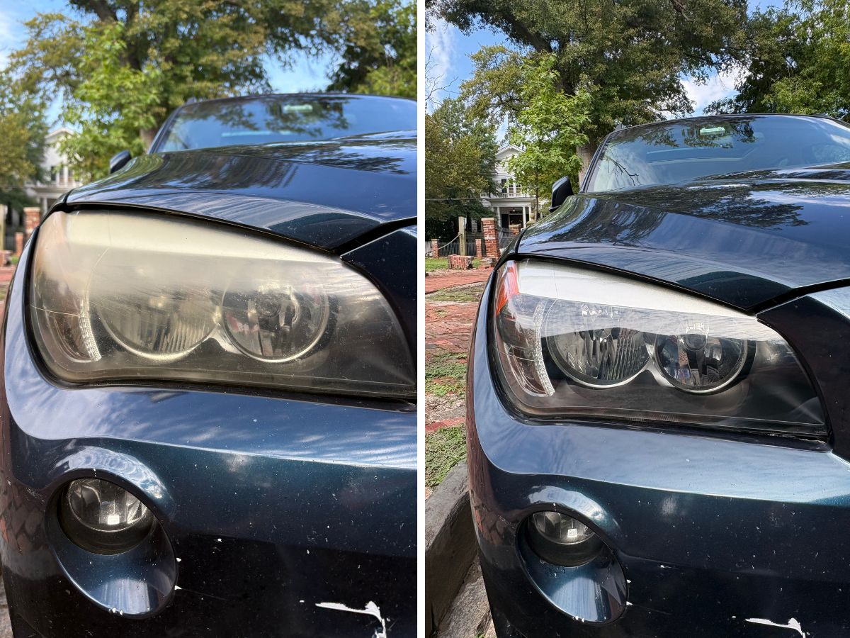 BMW X1 headlight before and after restoration, a closer view of the same lens. Hazy on the left, clear on the right.
