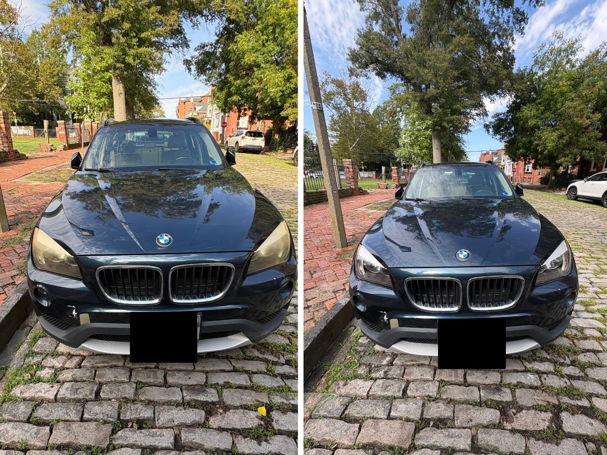 BMW X1 front end before and after headlight restoration in Norfolk. Yellowed lenses on the left, clear on the right.