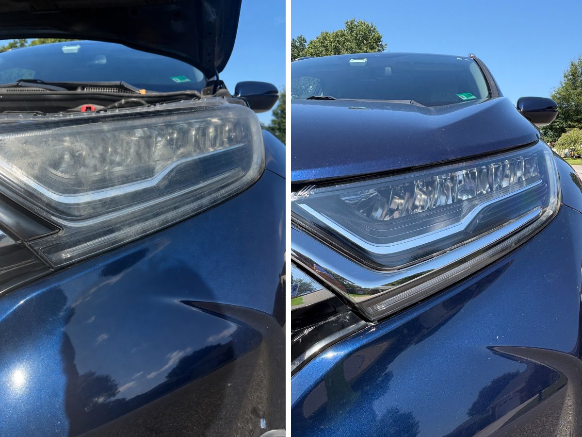 Honda CR-V headlight before and after restoration in Chesapeake. Cloudy lens on the left, clear on the right.