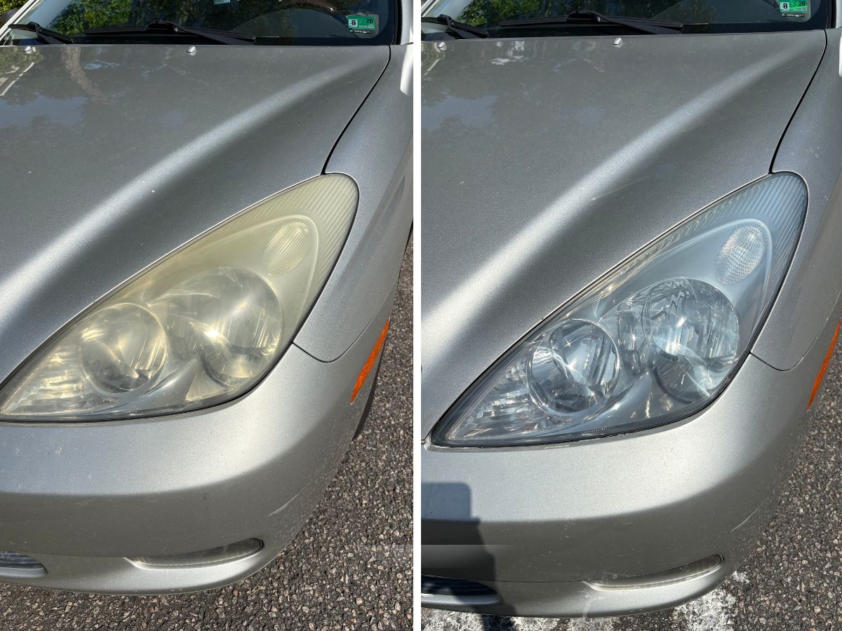 Lexus RX headlight before and after restoration in Virginia Beach. Yellowed and hazy on the left, clear on the right.