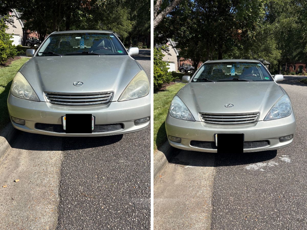 Lexus ES front end before and after headlight restoration in Norfolk. Cloudy lenses on the left, clear on the right.
