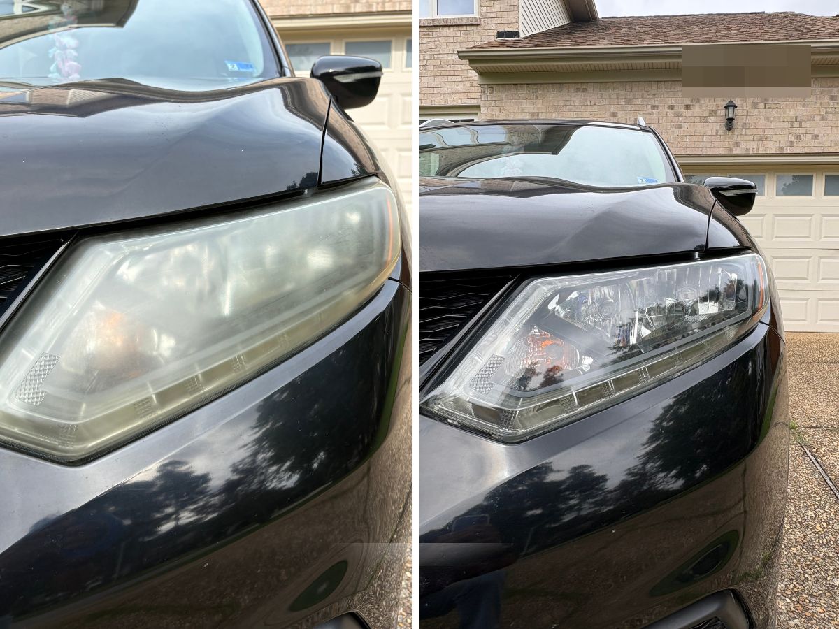 Nissan Rogue headlight before and after restoration in Chesapeake. Yellowed on the left, clear on the right.