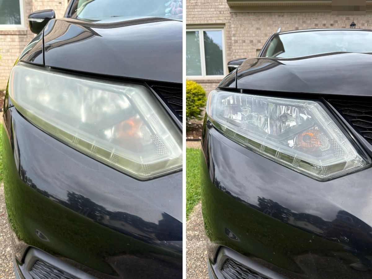 Nissan Rogue headlight before and after restoration, a second angle. Hazy on the left, clear on the right.