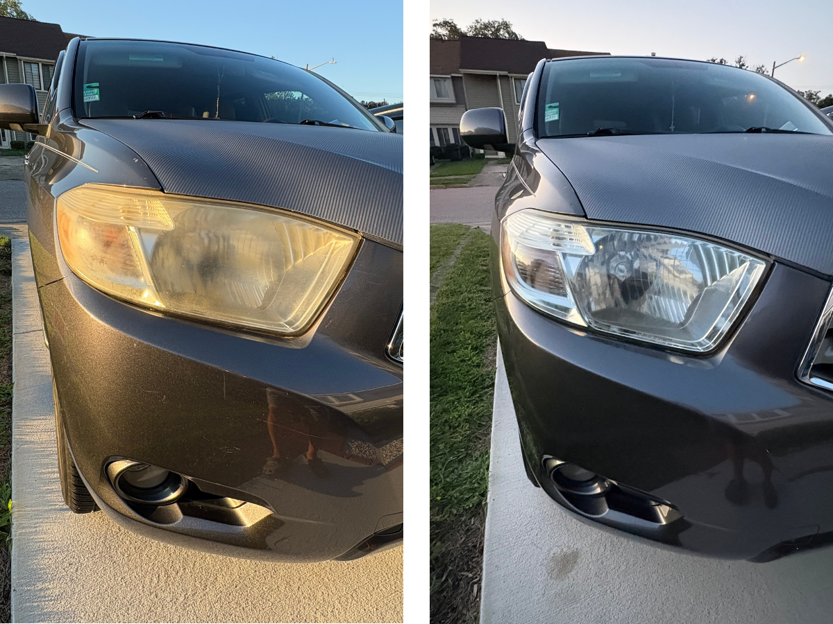 Toyota Highlander headlight before and after restoration. Deep yellowing on the left, clear on the right.