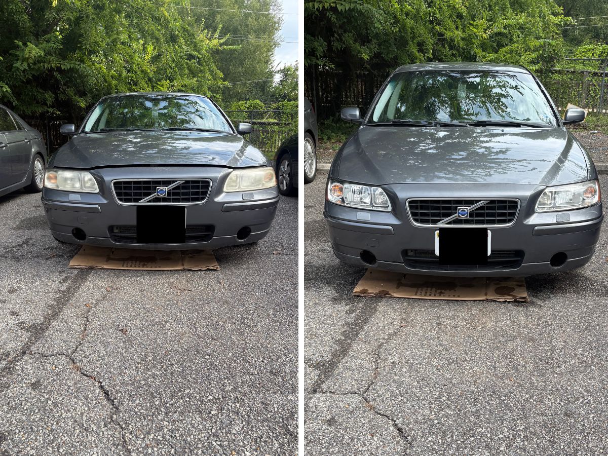 Volvo S60 front end before and after headlight restoration in Virginia Beach. Yellowed lenses on the left, clear on the right.