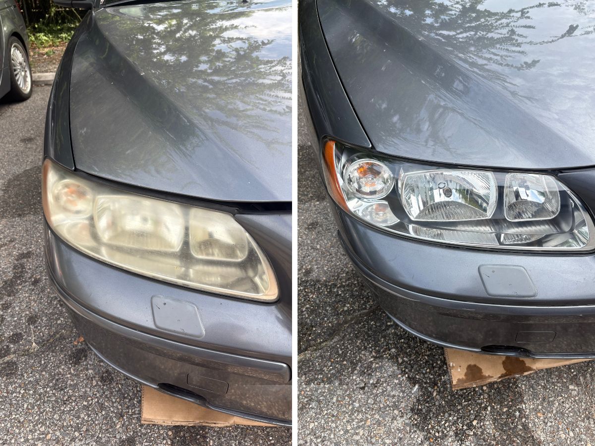 Volvo S60 headlight before and after restoration in Norfolk. Cloudy and yellowed on the left, clear on the right.