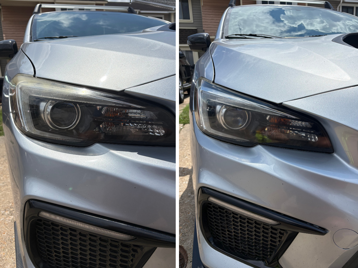 Subaru WRX headlight before and after restoration. Hazy along the top edge on the left, clear on the right.