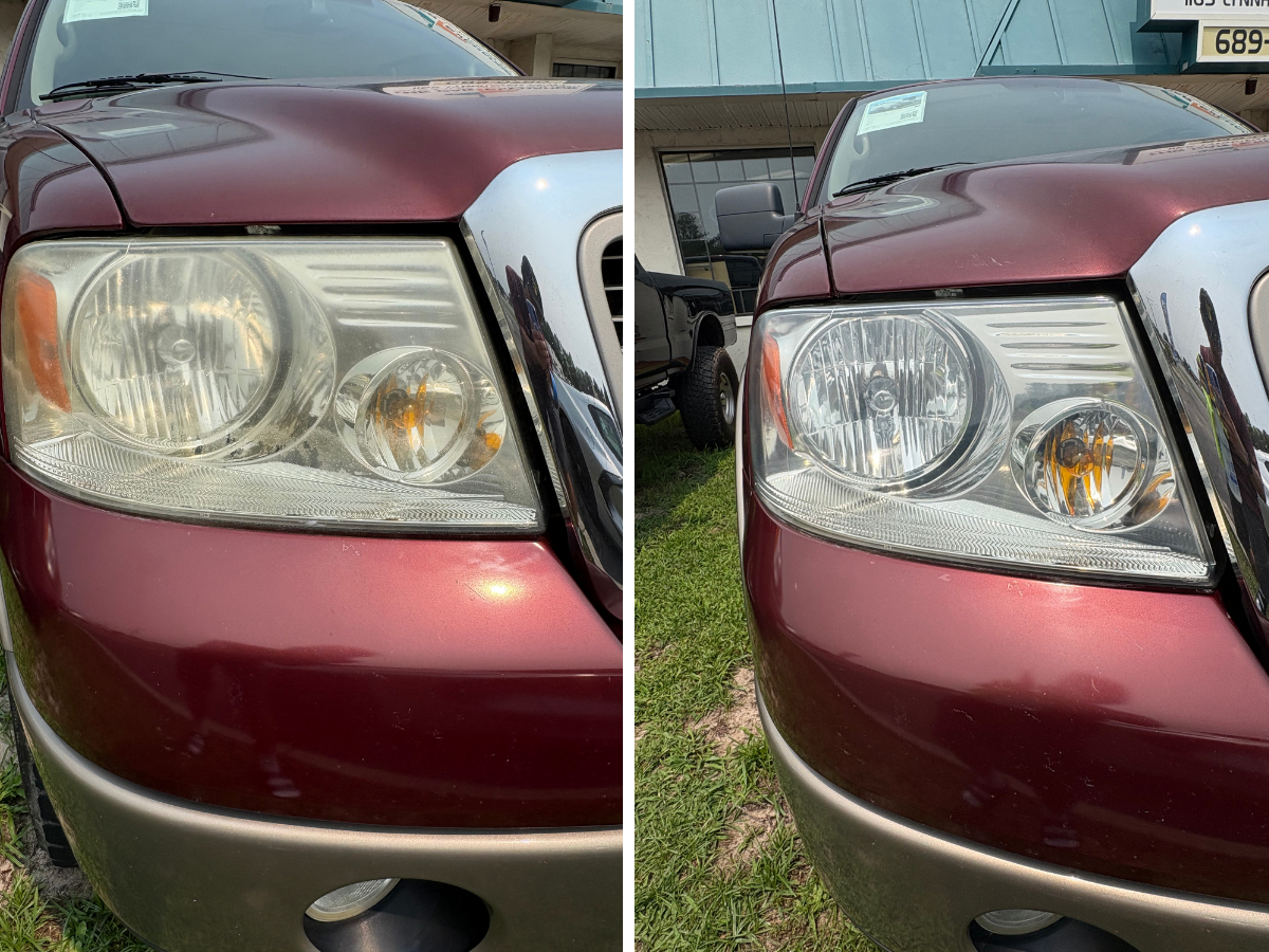 Ford F-150 headlight before and after restoration. Heavily clouded on the left, clear on the right.