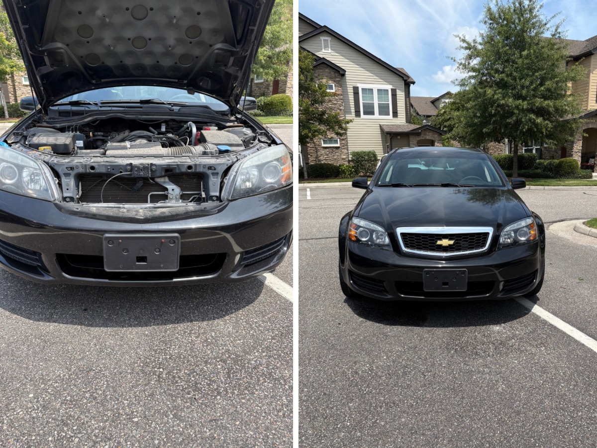 Chevrolet Caprice before and after headlight restoration. Yellowed lenses on the left, clear on the right.