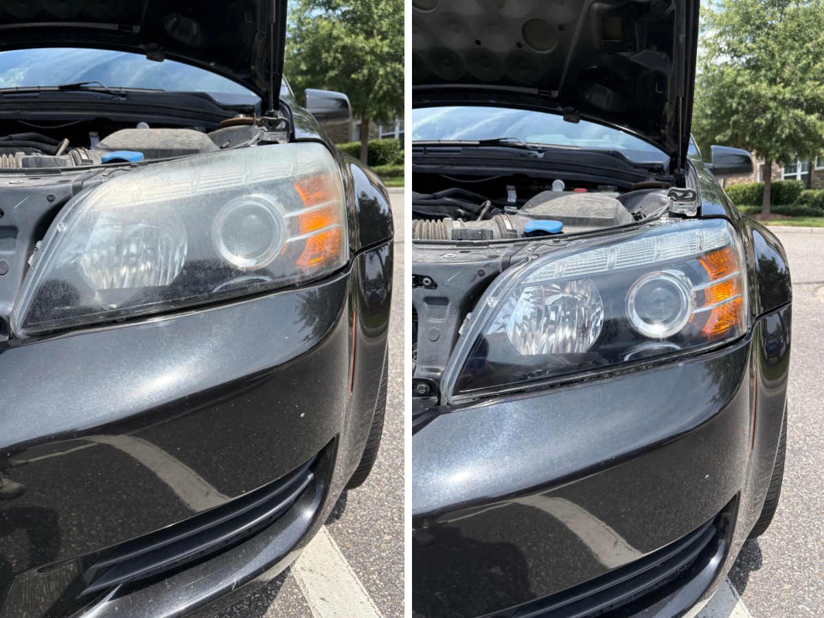 Close up of a Chevrolet Caprice headlight before and after restoration. Cloudy on the left, clear on the right.