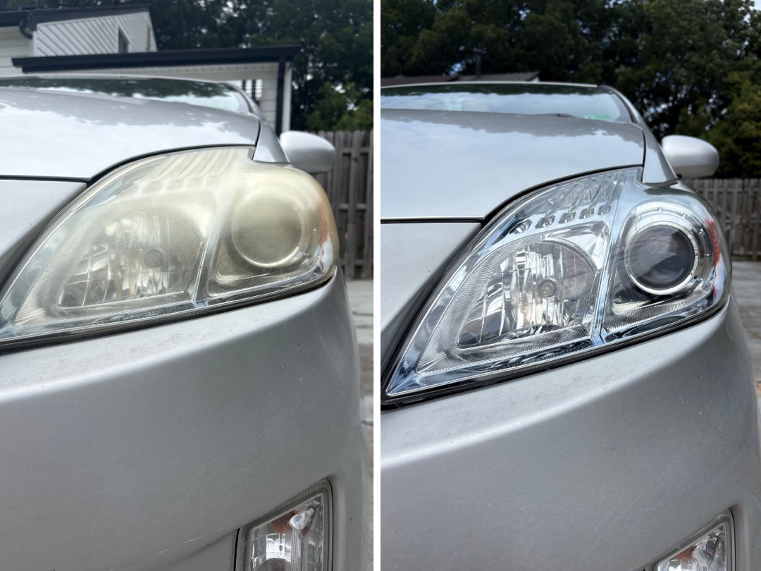 Toyota Prius headlight before and after restoration. Yellowed on the left, clear on the right.