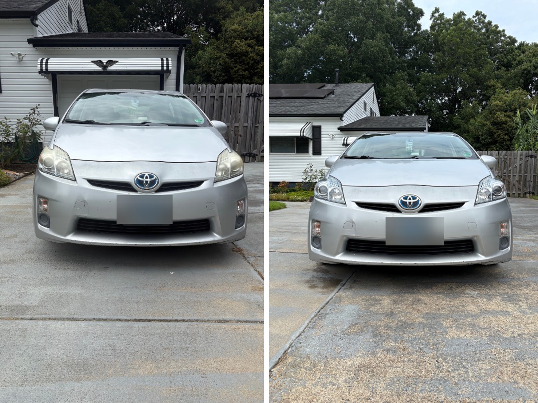 Toyota Prius front end before and after headlight restoration. Yellowed lenses on the left, clear on the right.
